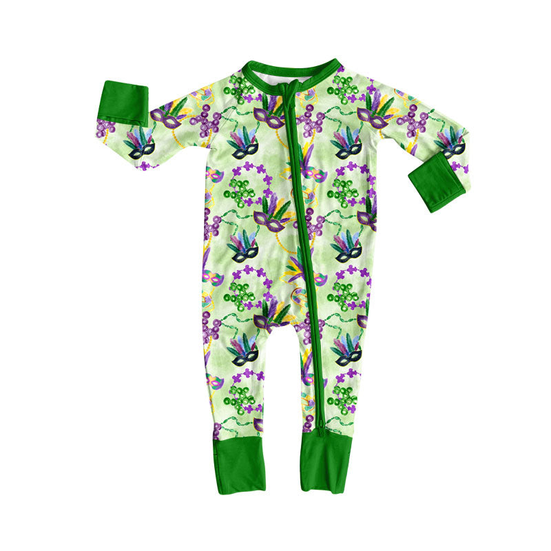 preorder LR2786 Mardi Gras mask clover green zipper long sleeve girls romper