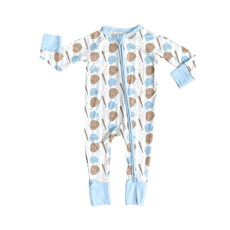 preorder LR2805 blue baseball zipper long sleeve girls romper