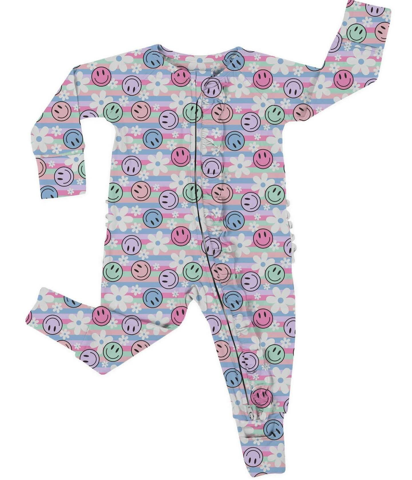 preorder LR2808 colorful smile flowers zipper long sleeve girls romper