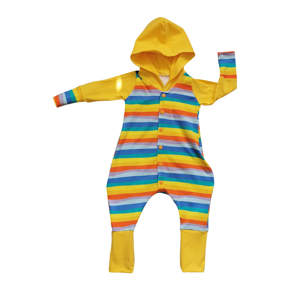 preorder LR2838 rainbow striped yellow hoodie long sleeve boys romper