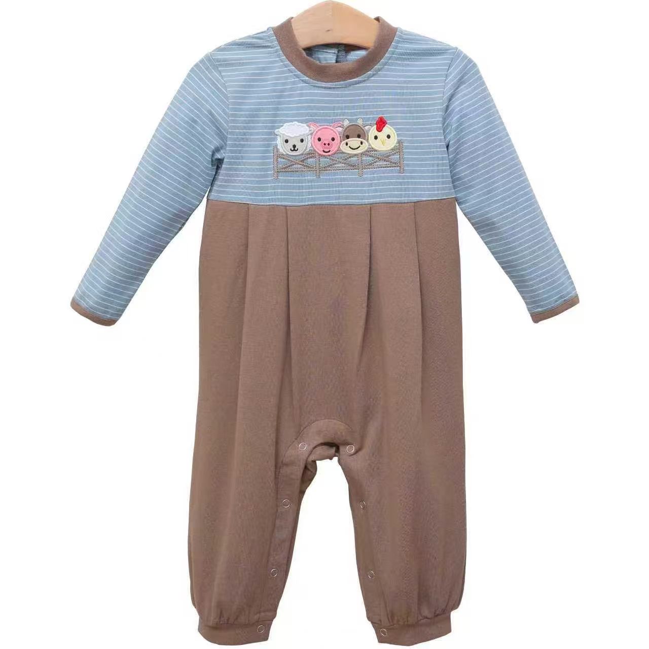 preorder LR2850 farm animals cow pig blue long sleeve boys romper