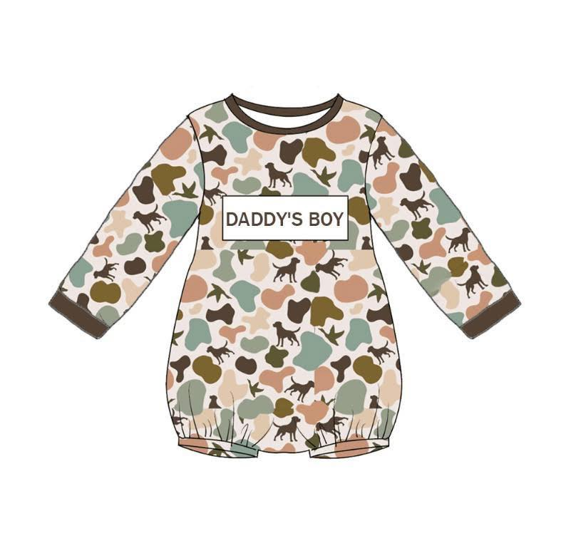 preorder LR2894 Daddy's Boy Hunting Camo Dog Long Sleeve Boys Romper