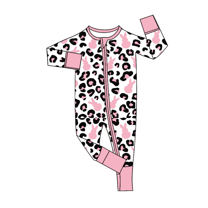 preorder LR2904 Easter Rabbit Leoaprd Pink Long Sleeve Zipper Girls Romper
