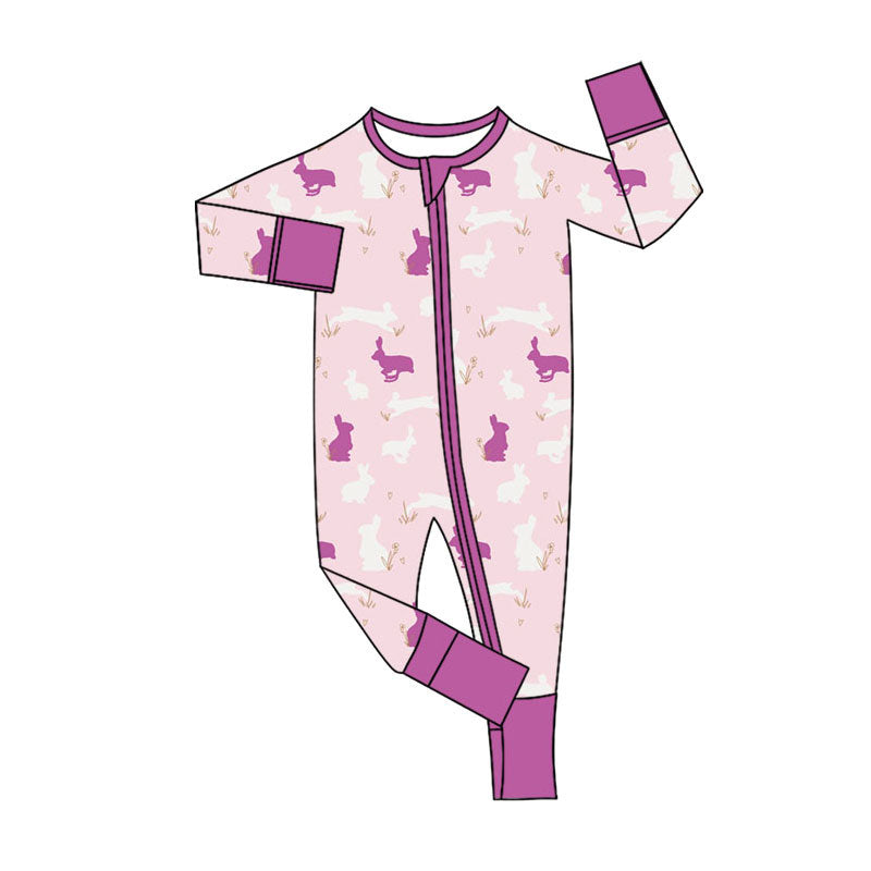 preorder LR2907 Easter Rabbit Rabbit Purple Long Sleeve Zipper Girls Romper