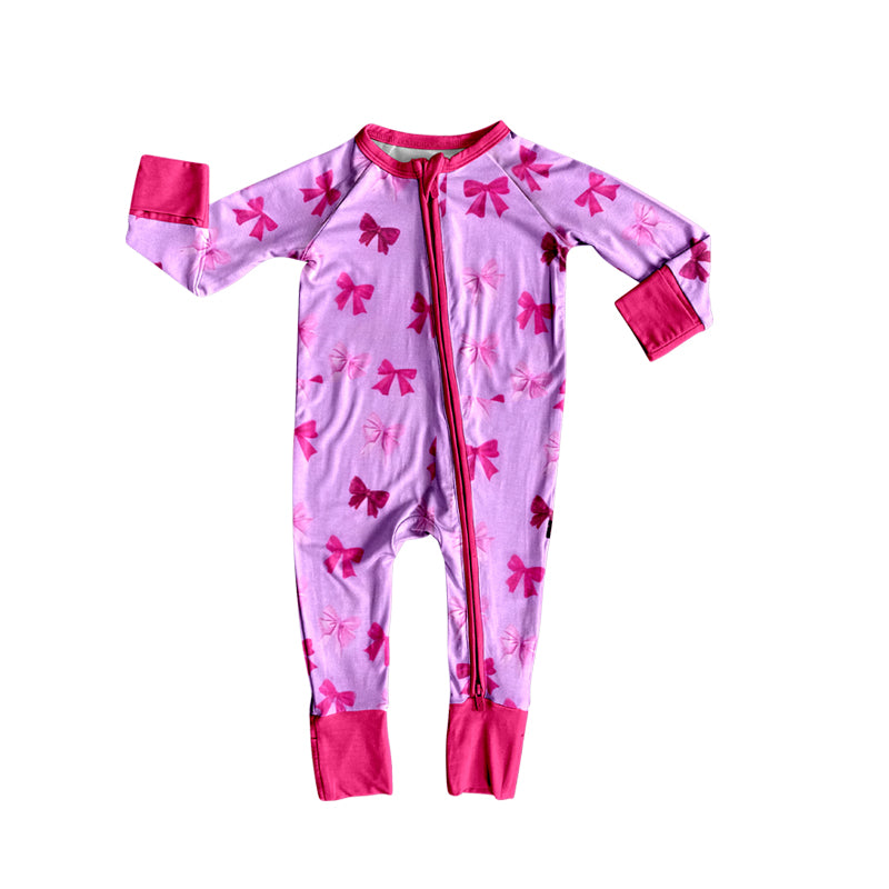 preorder LR2910 Hot Pink Bows Zipper Long Sleeve Girls Romper