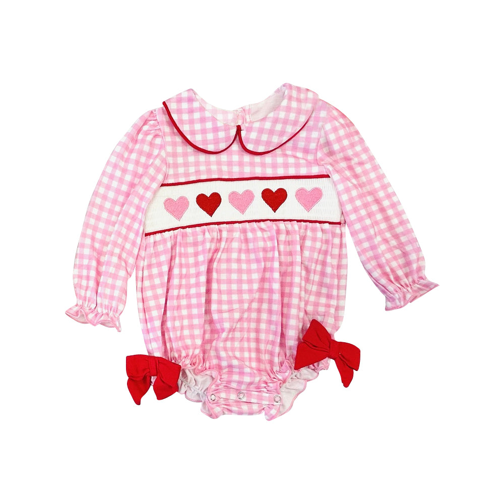 preorder LR2920 Valentine's Day Heart Pink Checkered Long Sleeve Girls Romper