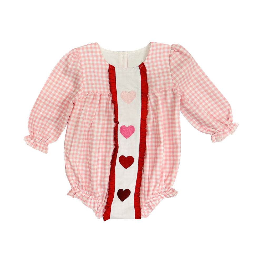 preorder LR2921 Valentine's Day Heart Pink Checkered Long Sleeve Girls Romper