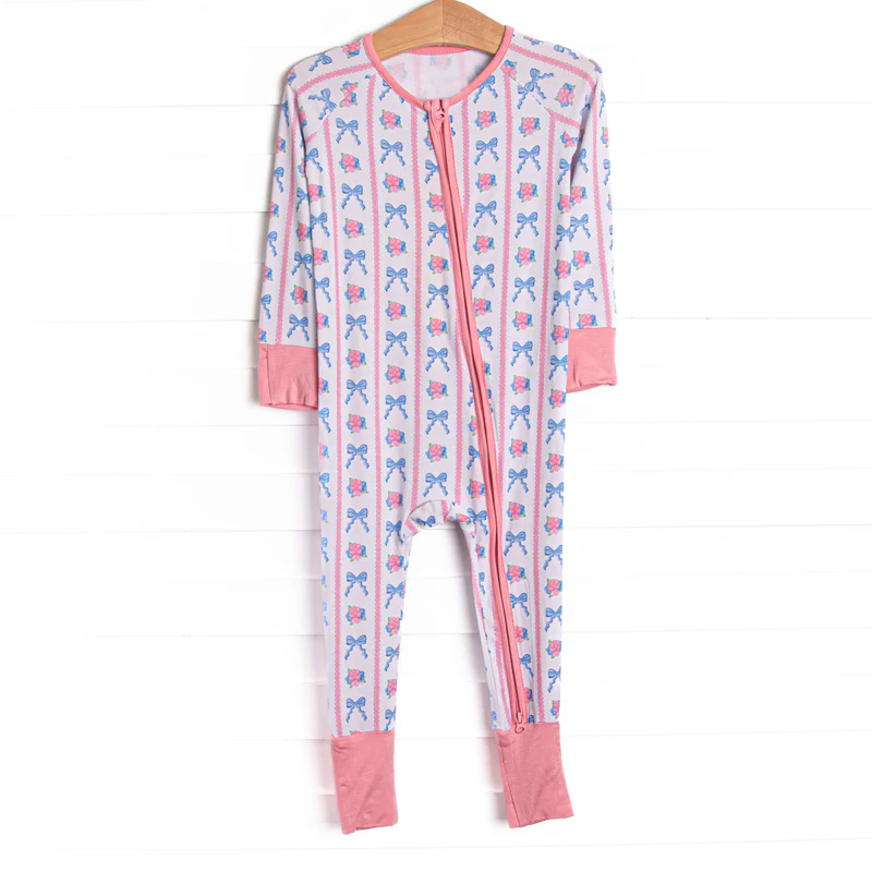 preorder LR2927 Pink Flowers Bows Zipper Long Sleeve Girls Romper