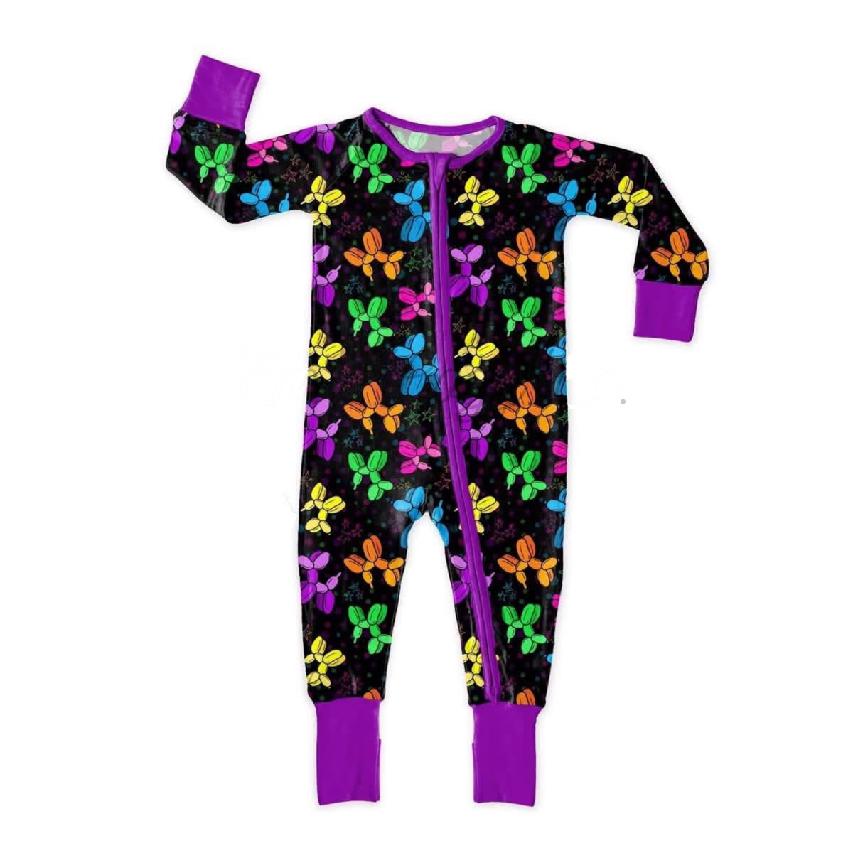 preorder LR2935 Dog Balloon Purple Zipper Long Sleeve Girls Romper