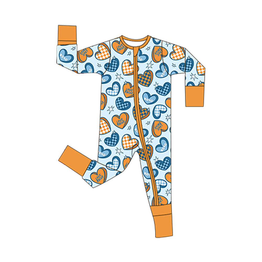 preorder LR2951 Valentine's Day Heart Blue Orange Zipper Long Sleeve Girls Romper