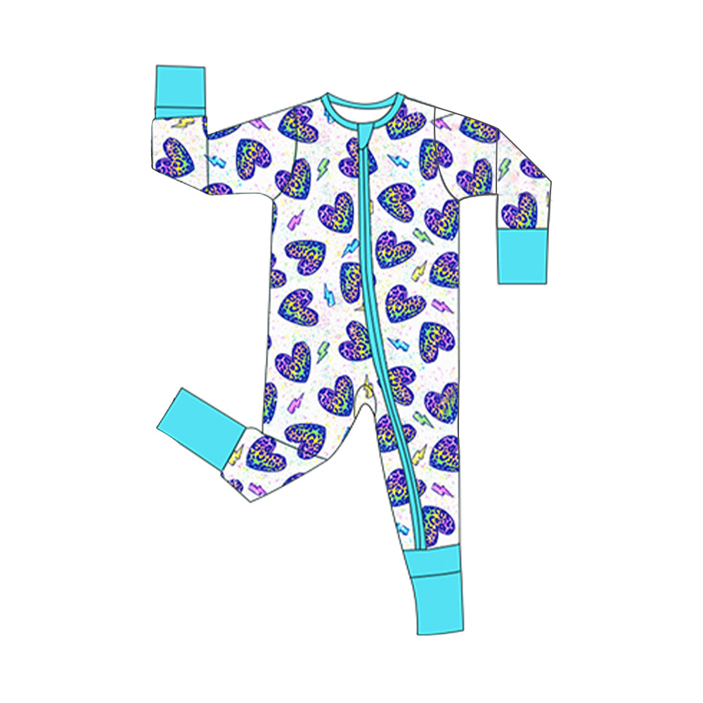 preorder LR2952 Valentine's Day Leopard Heart Blue Zipper Long Sleeve Girls Romper