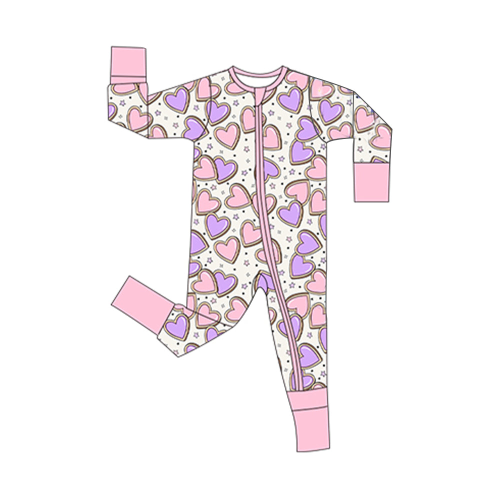 preorder LR2953 Valentine's Day Pink Purple Heart Zipper Long Sleeve Girls Romper