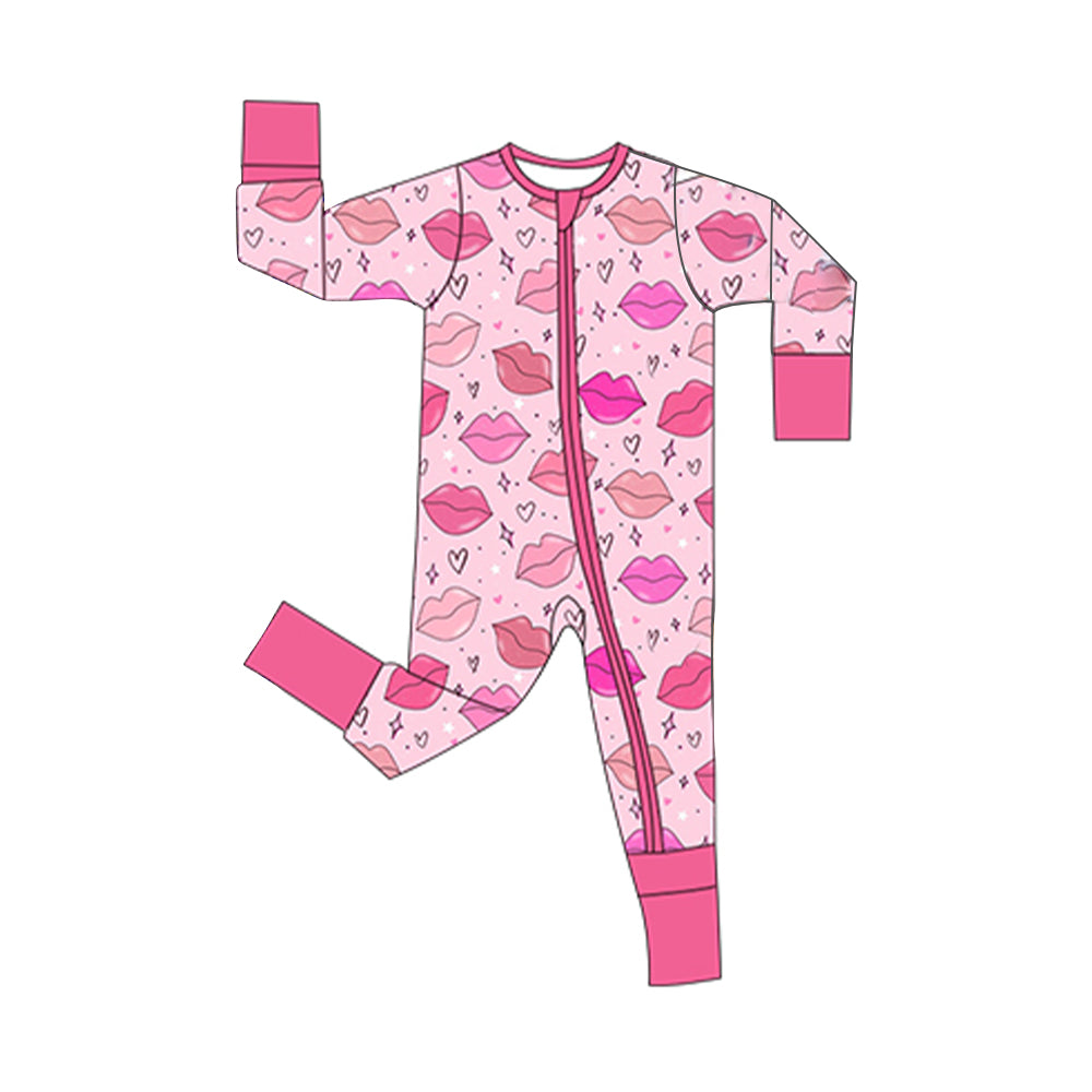 preorder LR2954 Valentine's Day Lips Hot Pink Zipper Long Sleeve Girls Romper