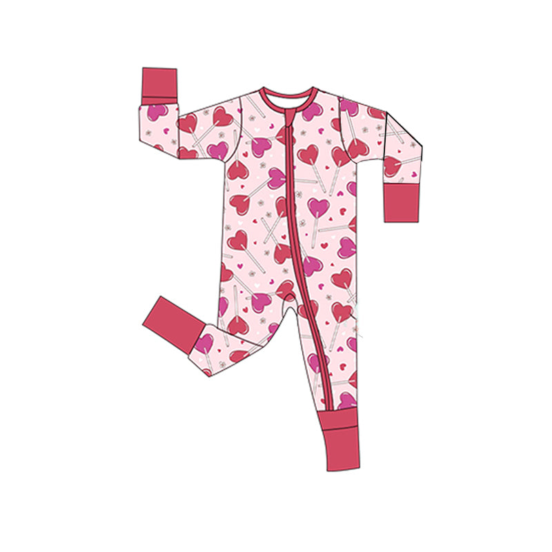 preorder LR2955 Valentine's Day Heart Hot Pink Zipper Long Sleeve Girls Romper