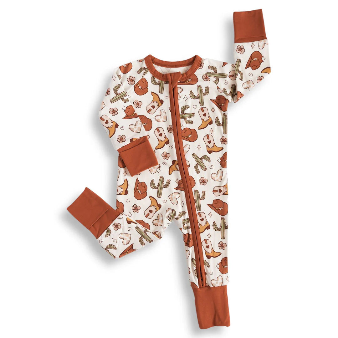 preorder LR2957 Western Cactus Boot Brown Zipper Long Sleeve Boys Romper