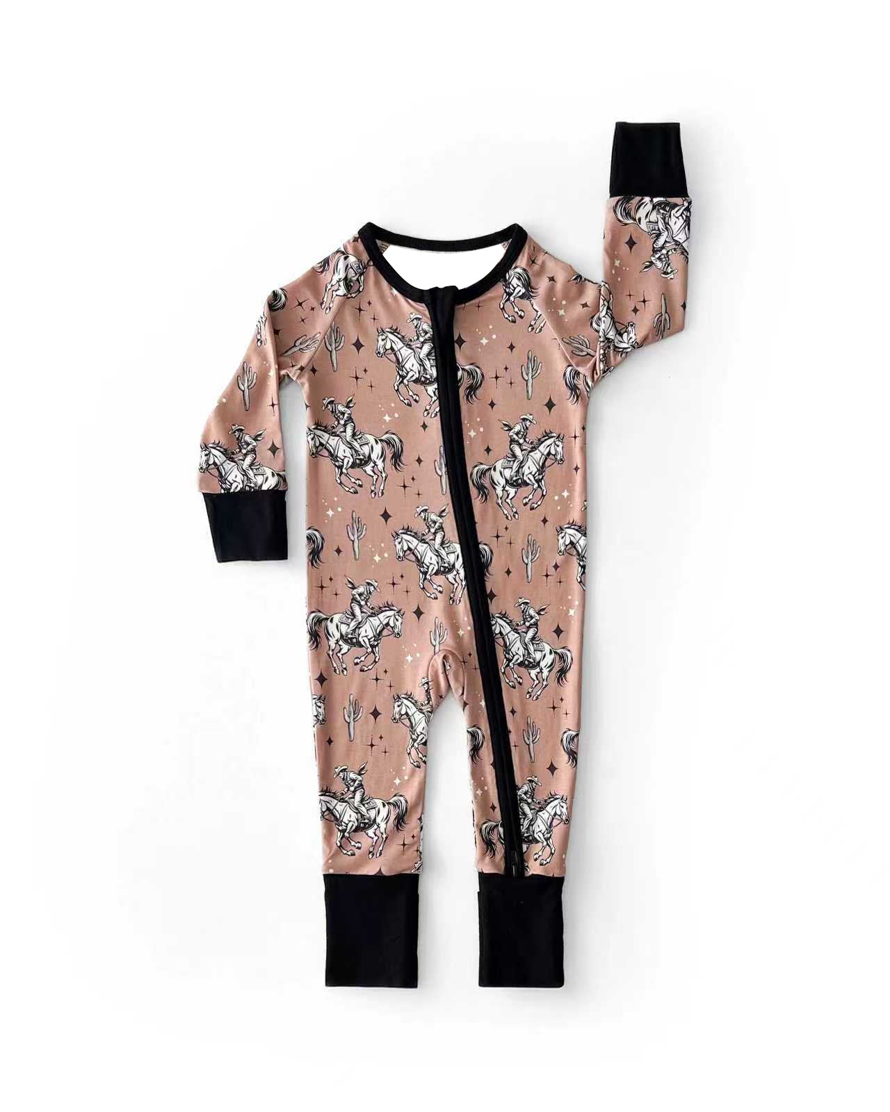 preorder LR2963 Western Rodeo Cactus Zipper Long Sleeve Boys Romper