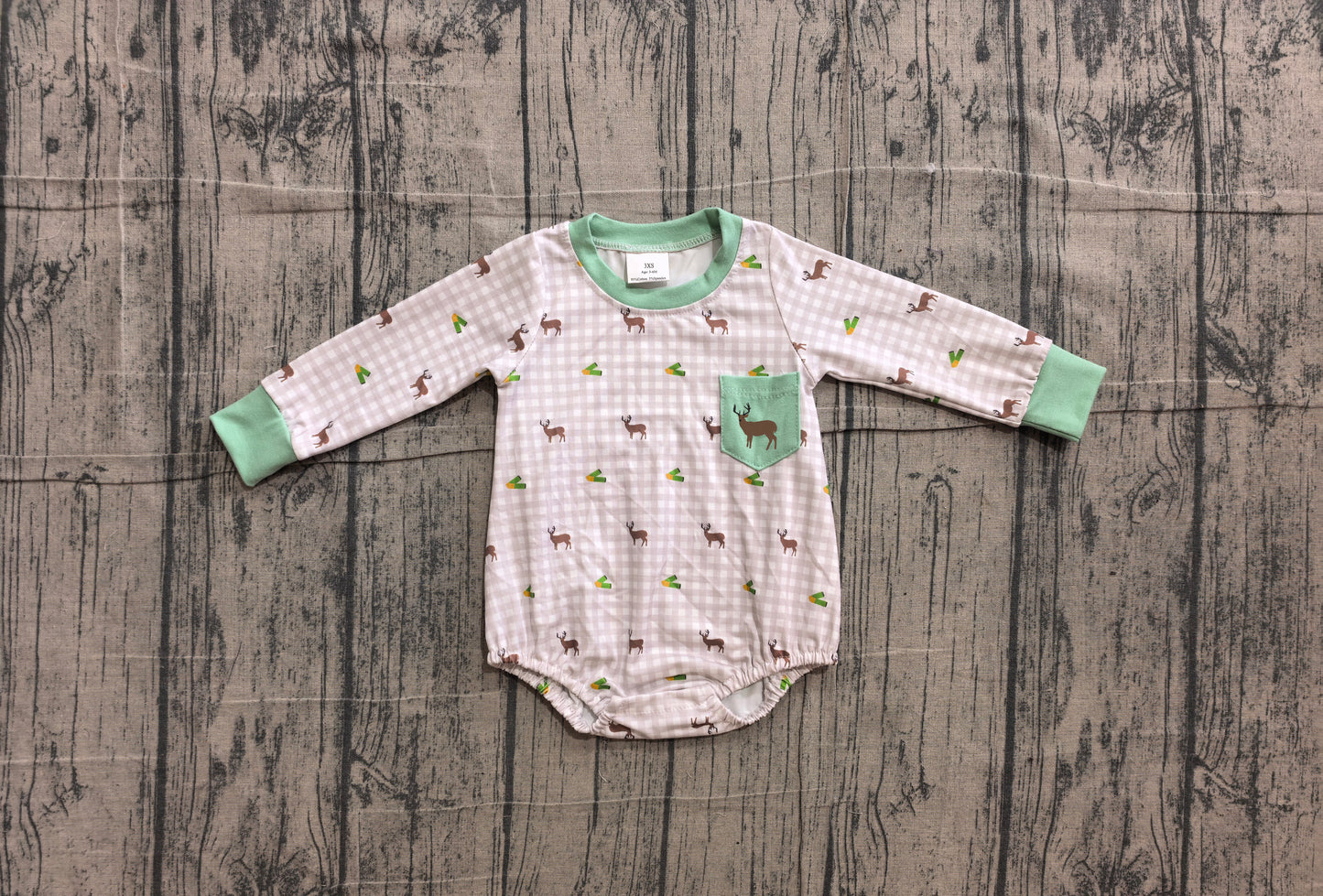preorder Samples LR3003 Hunting Deer Checkered Long Sleeve Boys Romper