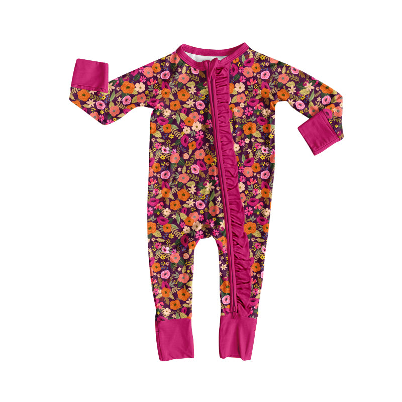 preorder LR3016 Flowers Hot Pink Zipper Long Sleeve Girls Romper
