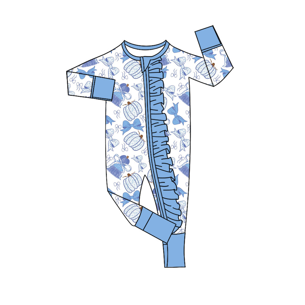 preorder LR3060 Pumpkin Blue Zipper Long Sleeve Girls Romper