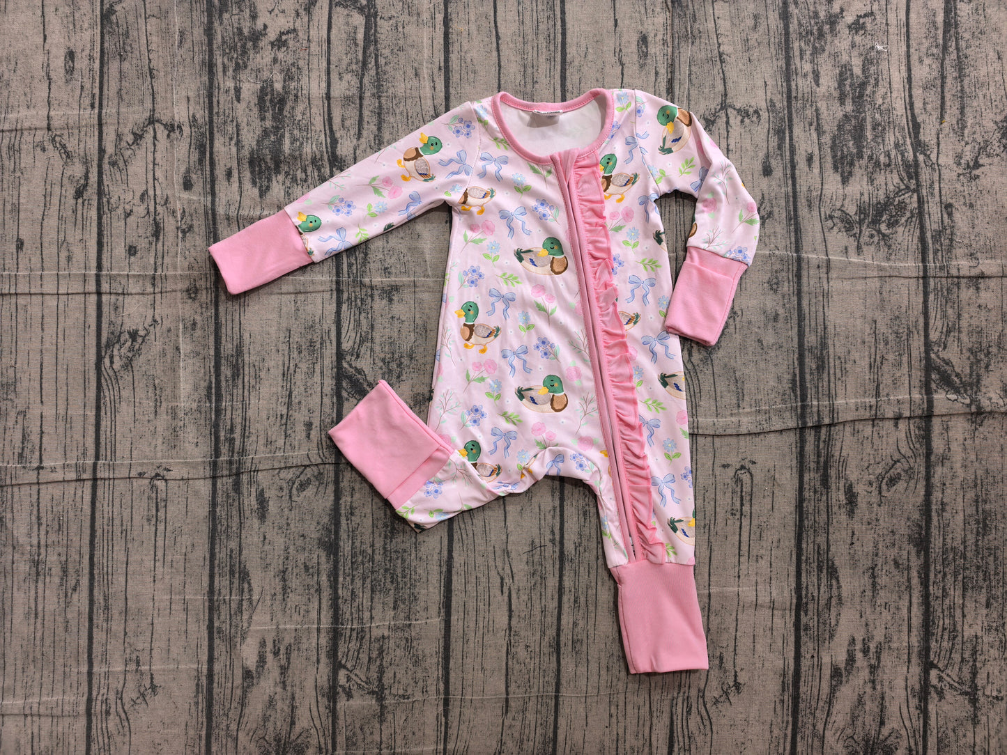 preorder Samples LR3071 Hunting Mallard Duck Bows Pink Zipper Long Sleeve Girls Romper