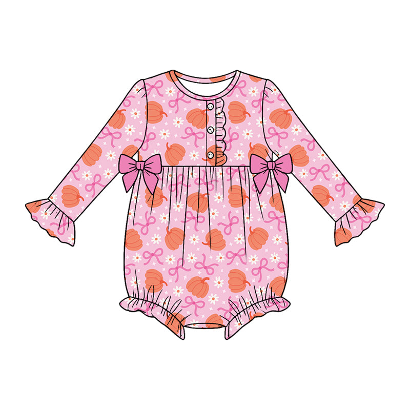preorder LR3085 Bows Pumpkin Long Sleeve Girls Romper