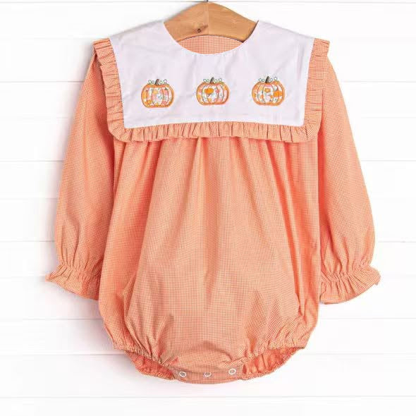 preorder LR3101 Thanksgiving Pumpkin Orrange Long Sleeve Girls Romper