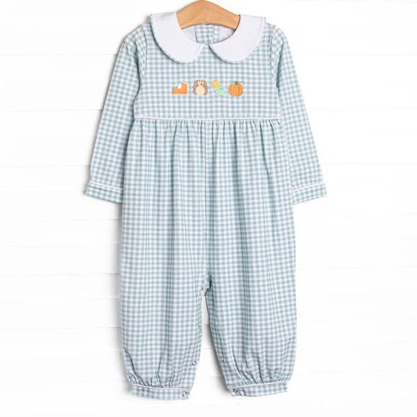 preorder LR3105 Thanksgiving Turkey Pukmpkin Pie Checkered Long Sleeve Girls Romper