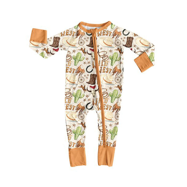 preorder LR3116 Wild West Cactus Boot Orange Zipper Long Sleeve Boys Romper