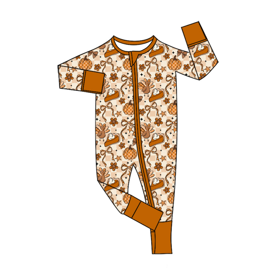 preorder LR3119 Thanksgiving Turkey Pie Orange Zipper Long Sleeve Boys Romper