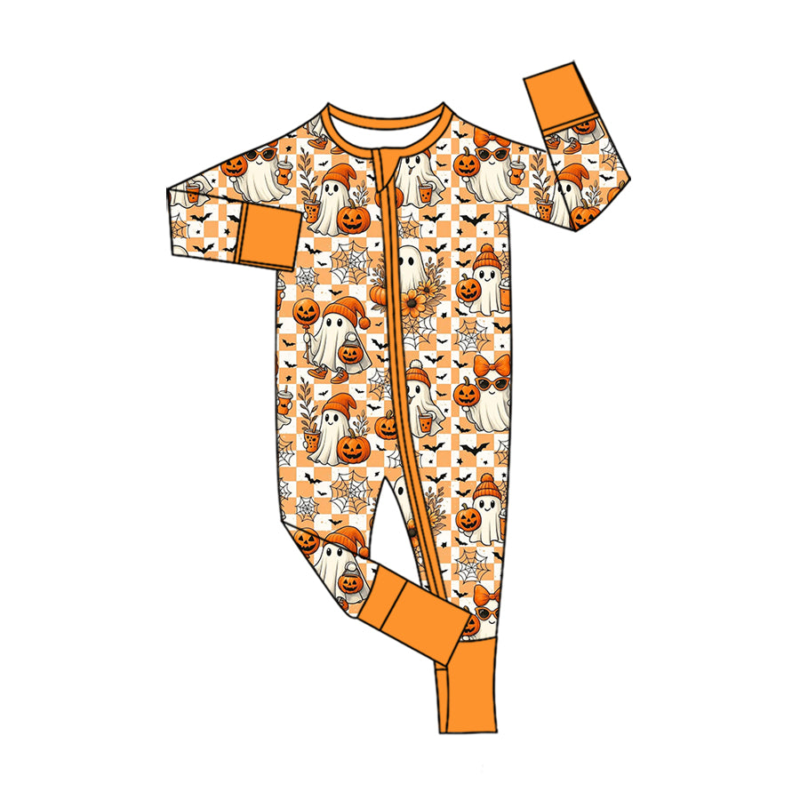 preorder LR3121 Halloween Spooky Pumpkin Orange Zipper Long Sleeve Boys Romper