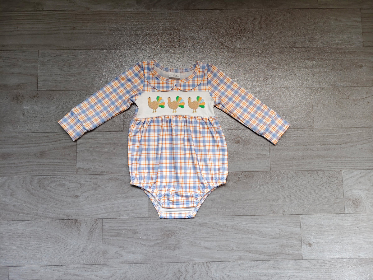 preorder Samples LR3132 Turkey Blue Checkered Long Sleeve Boys Romper
