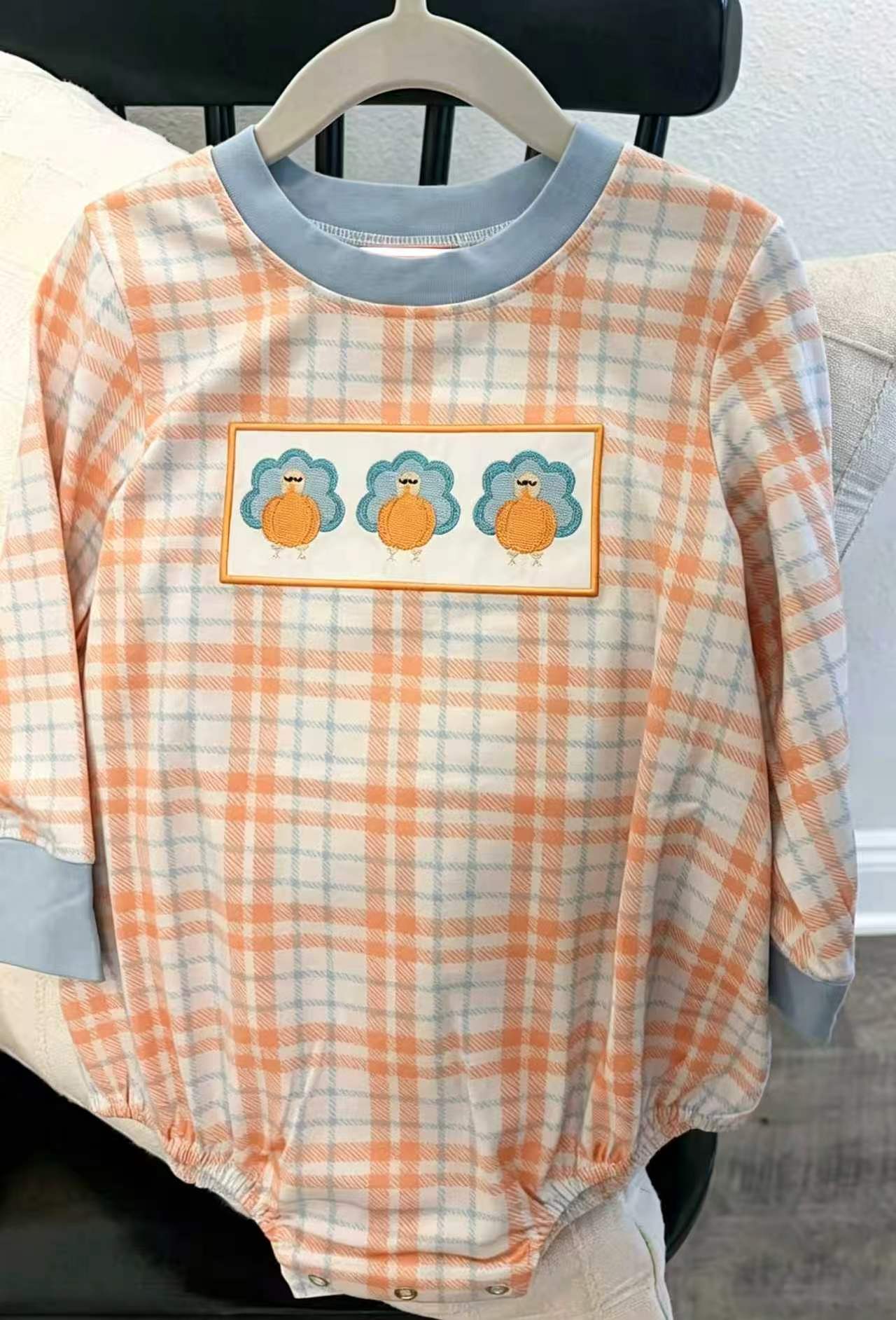 preorder LR3138 Turkey Orange Checkered Long Sleeve Boys Romper