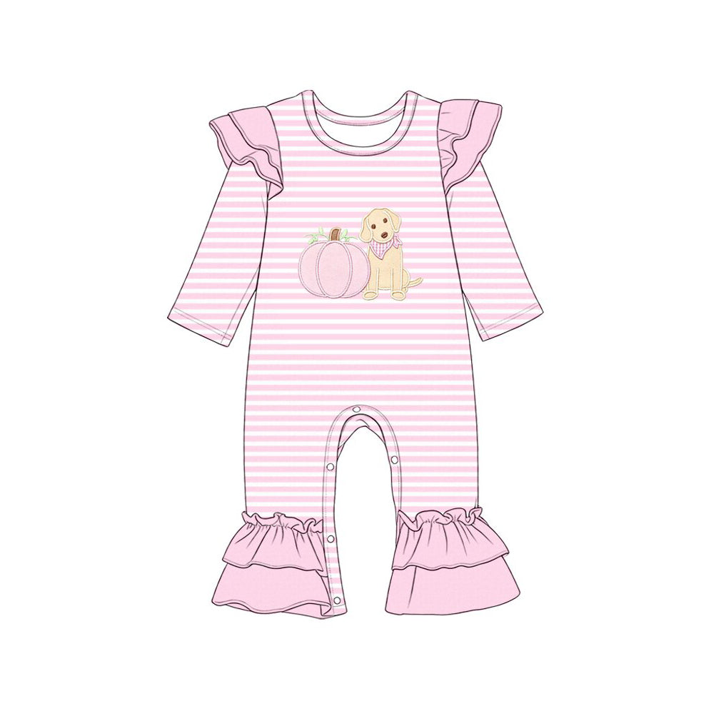 preorder LR3140 Pumpkin Dog Pink Striped Long Sleeve Girls Romper