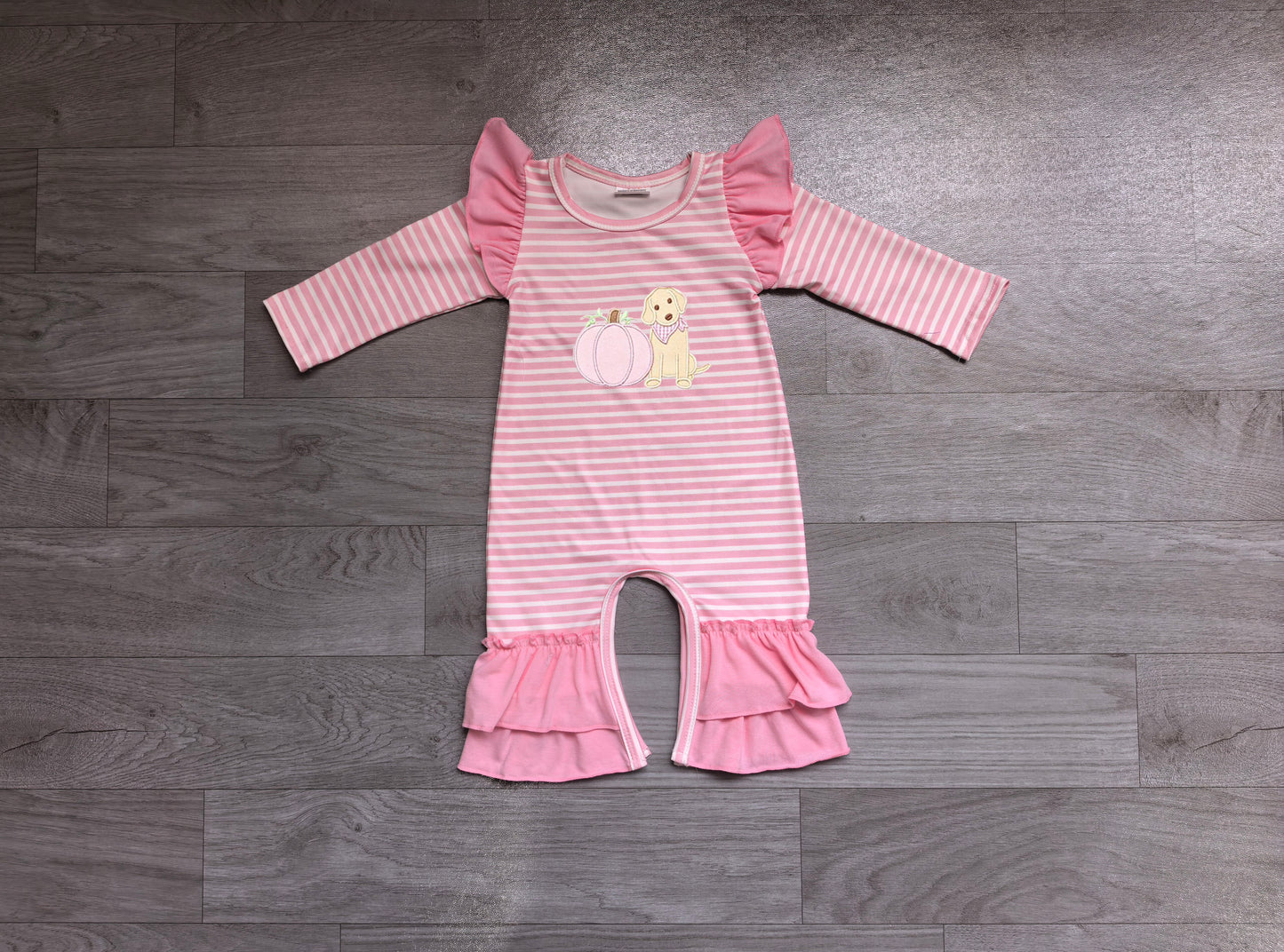 preorder Samples LR3140 Pumpkin Dog Pink Striped Long Sleeve Girls Romper