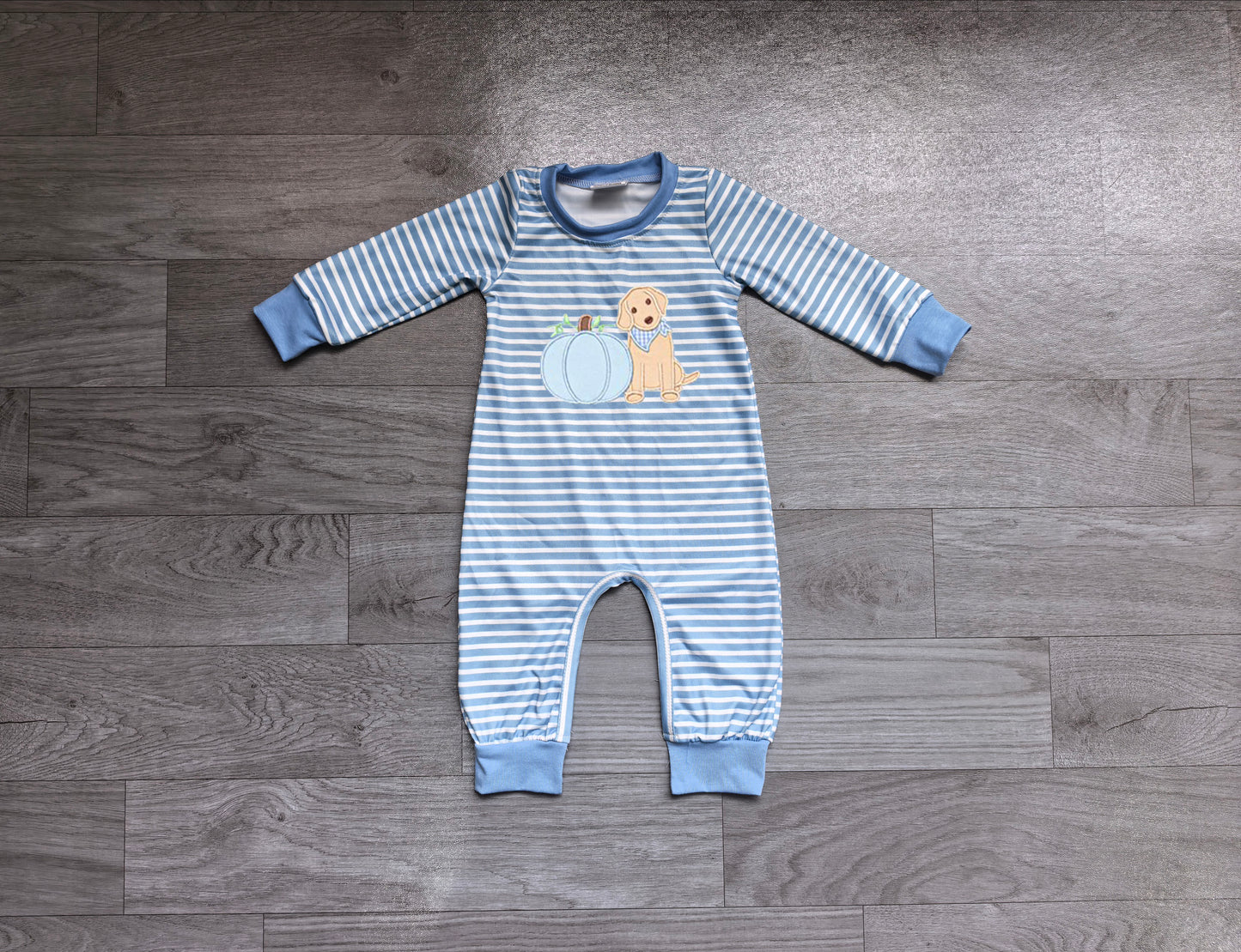 preorder Samples LR3141 Pumpkin Dog Blue Striped Long Sleeve Boys Romper