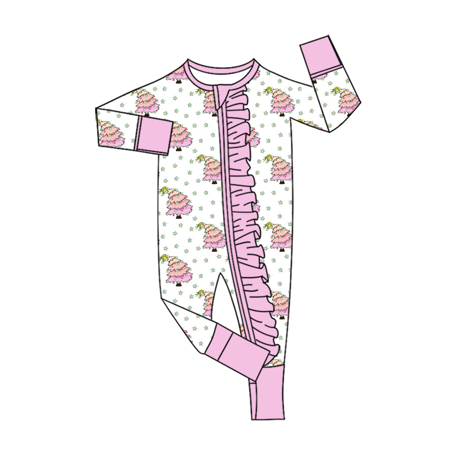 preorder LR3156 Christmas Tree Zipper Long Sleeve Girls Romper