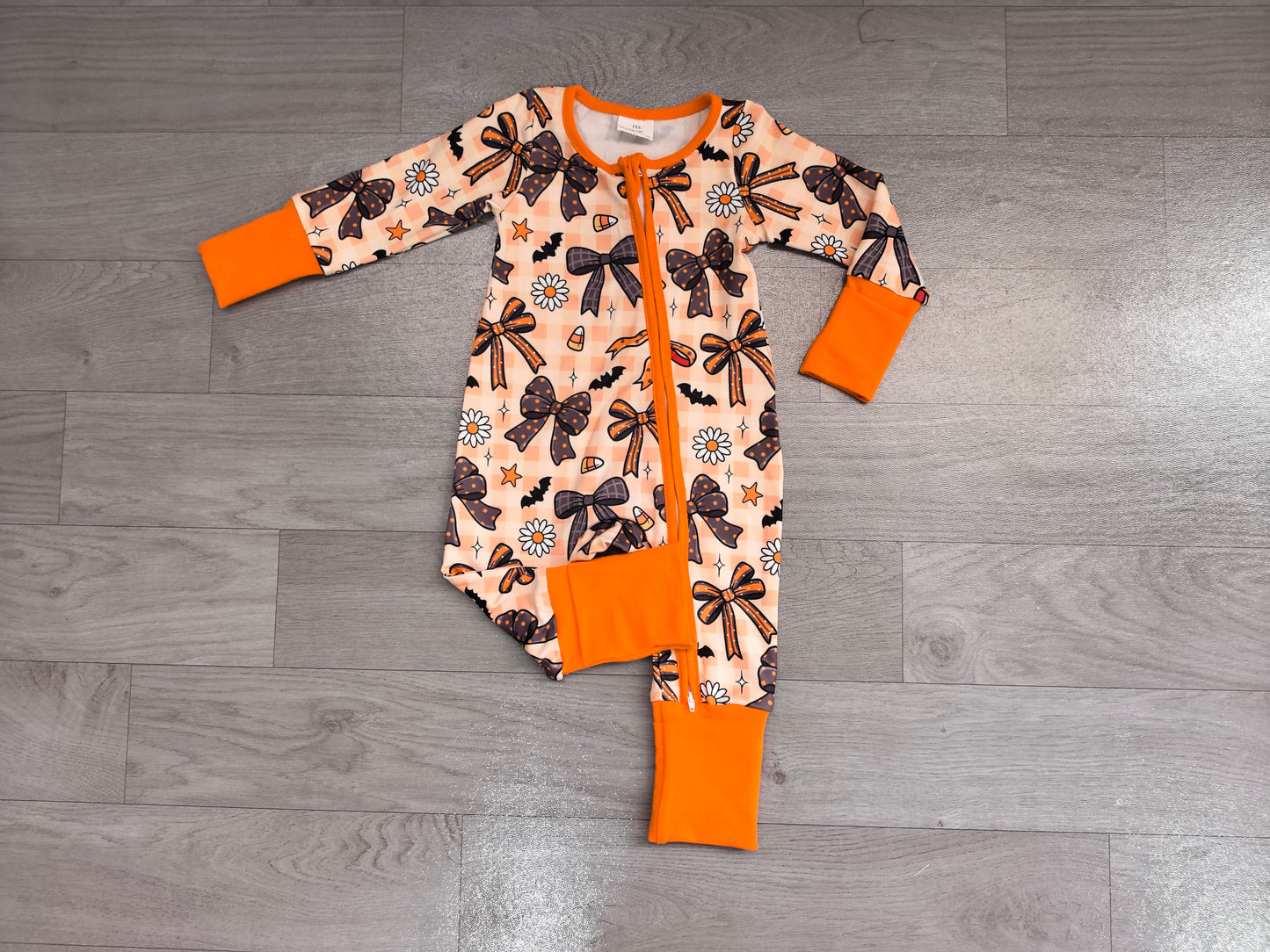 preorder Samples LR3161 Halloween Bows Orange Zipper Long Sleeve Girls Romper