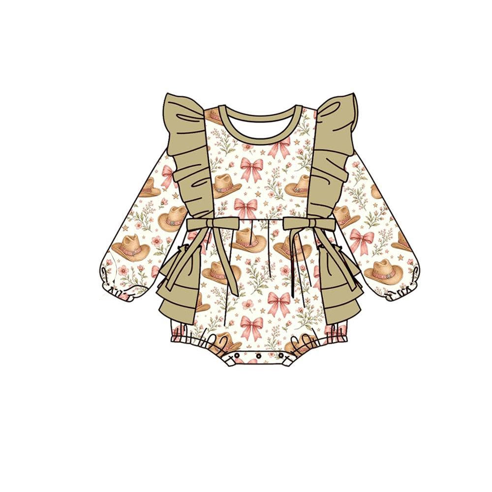 preorder LR3183 Western Flowers Bows Hat Long Sleeve Girls Romper