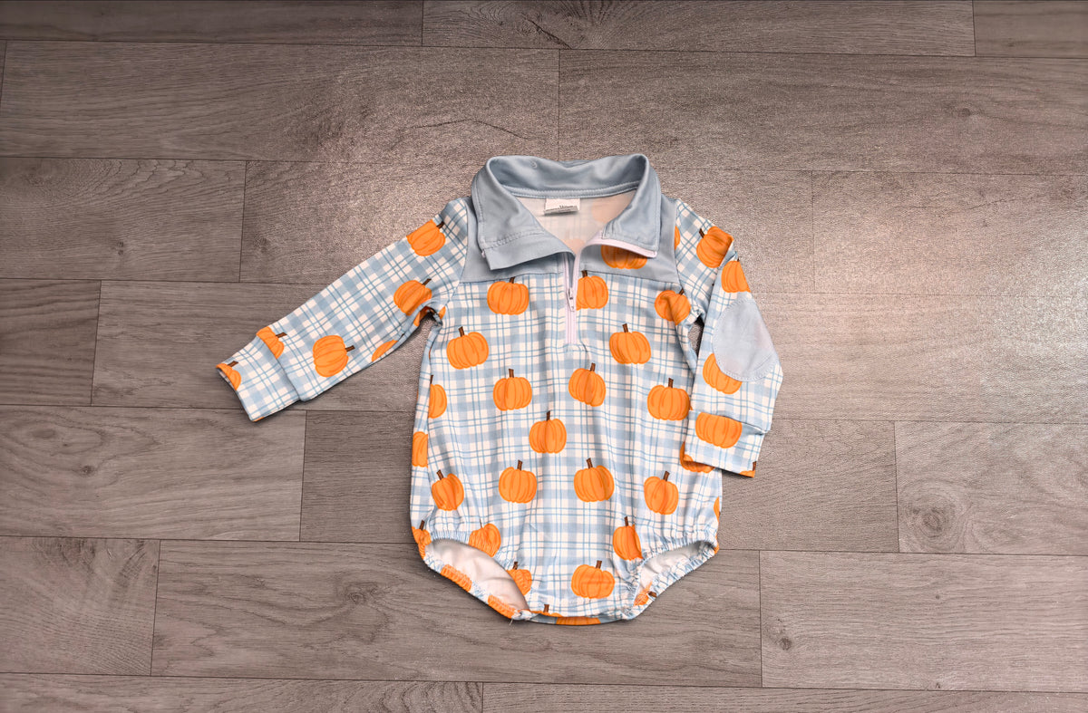 preorder Samples LR3201 Pumpkin Blue Zipper Long Sleeve Boys Romper