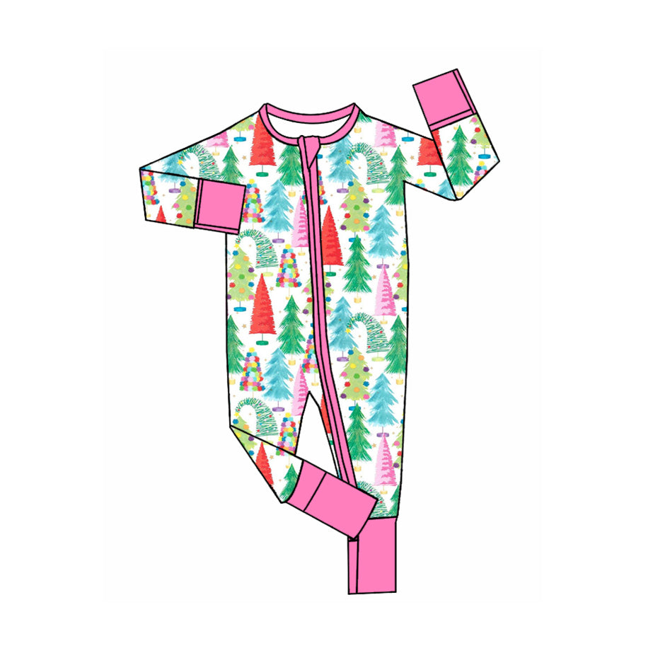 preorder LR3222 Christmas Colorful Tree Zipper Long Sleeve Girls Romper