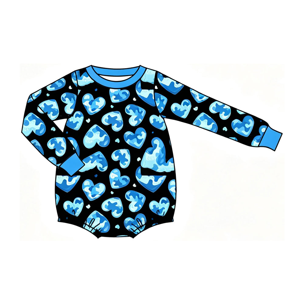 preorder LR3254 Valentine's Day Heart Camo Blue Long Sleeve Boys Romper
