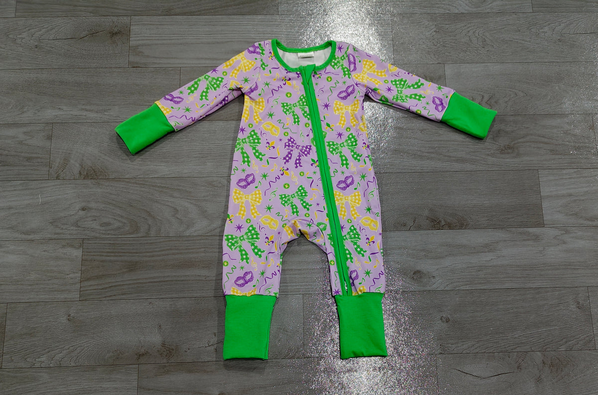 preorder Samples LR3268 Mardi Gras Bows Green Zipper Long Sleeve Girls Romper