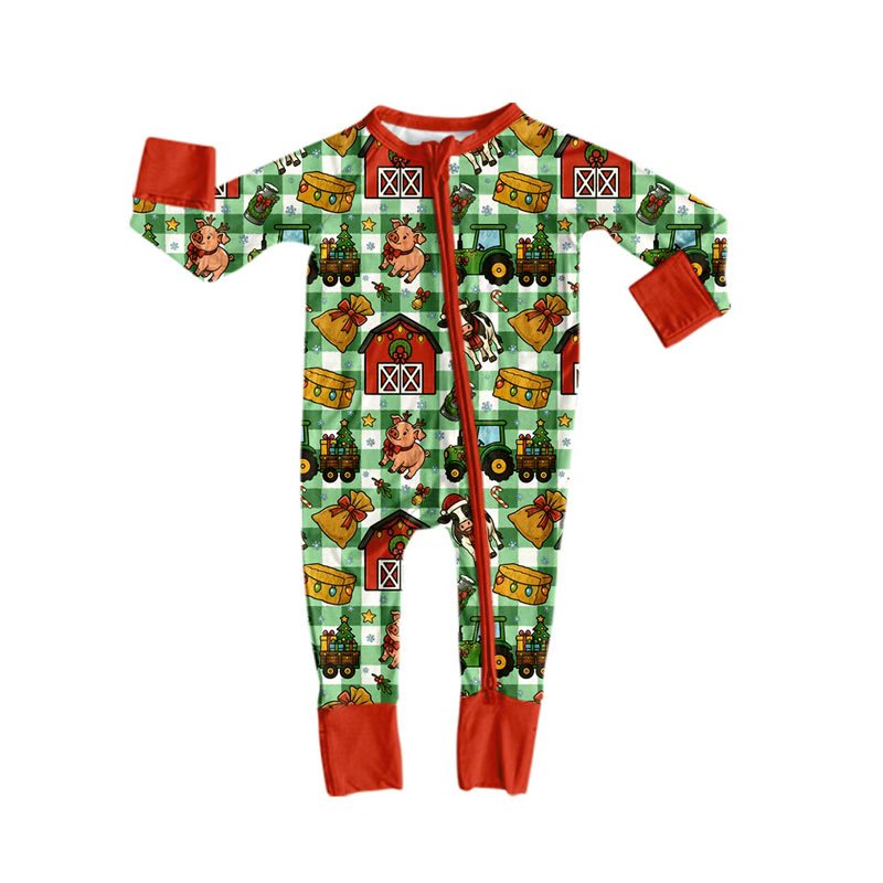 preorder LR3299 Christmas Farm Zipper Long Sleeve Boys Romper