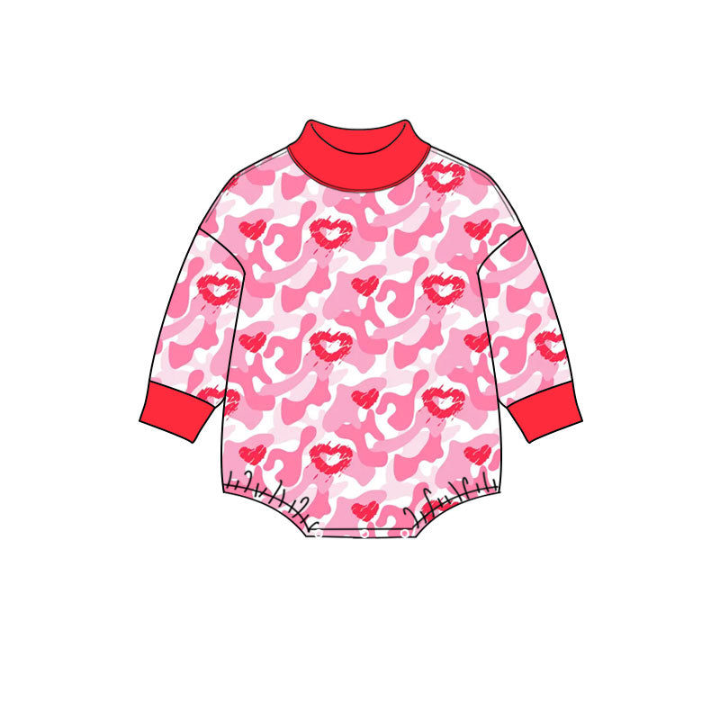 preorder LR3330 Valentine's Day Heart Camo Hot Pink Long Sleeve Girls Romper