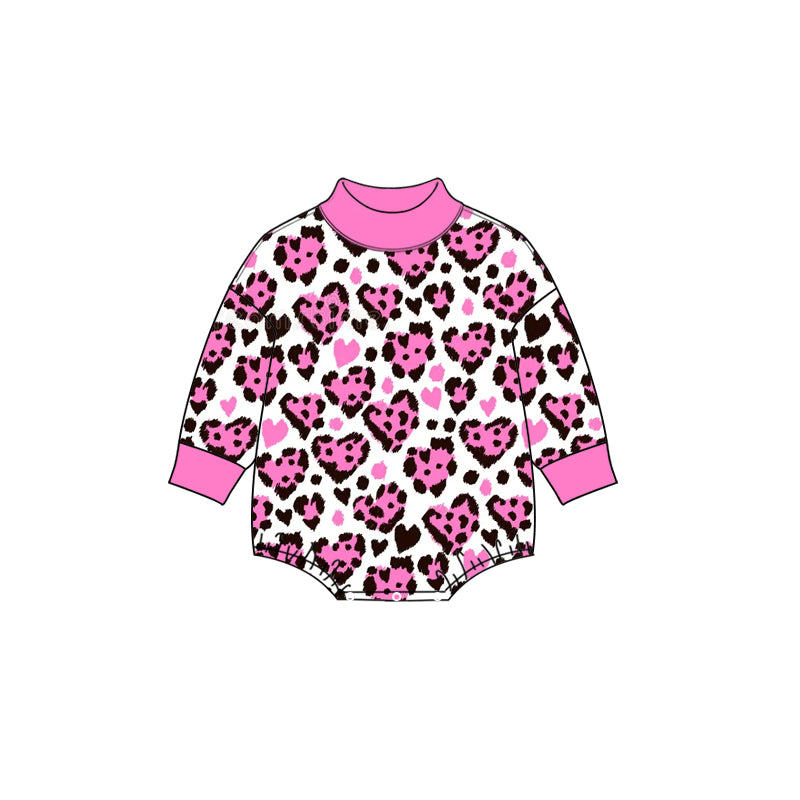 preorder LR3332 Valentine's Day Heart Leopard Hot Pink Long Sleeve Girls Romper