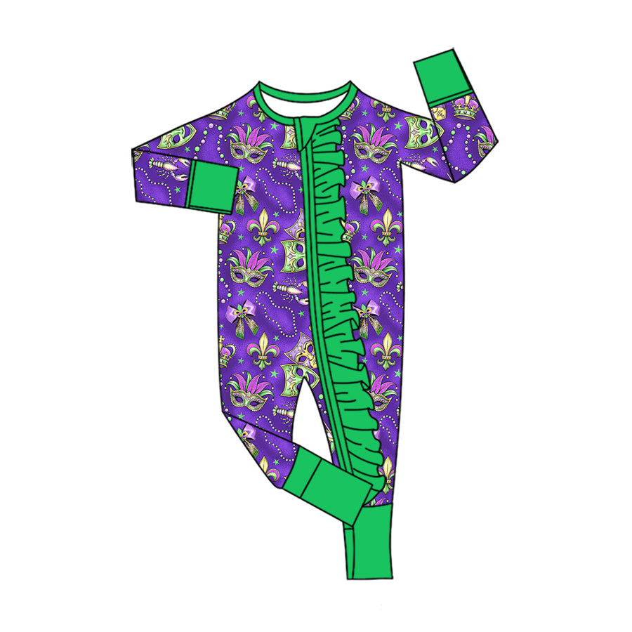 preorder LR3334 Mardi Gras Mask Purple Zipper Long Sleeve Girls Romper