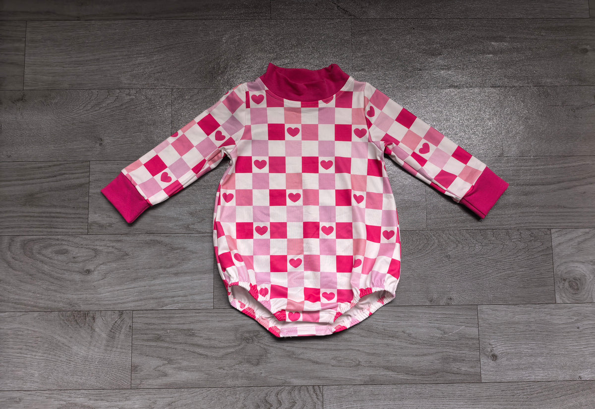 preorder Samples LR3337 Valentine's Day Hot Pink Heart Checkered Long Sleeve Girls Romper