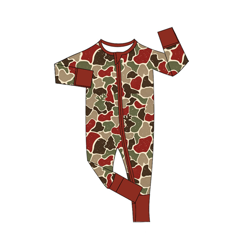 preorder LR3344 Christmas Deer Camo Zipper Long Sleeve Boys Romper