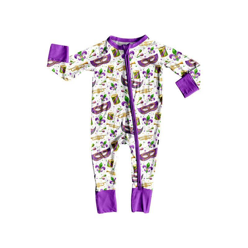 preorder LR3352 Mardi Gras Zipper Long Sleeve Girls Romper
