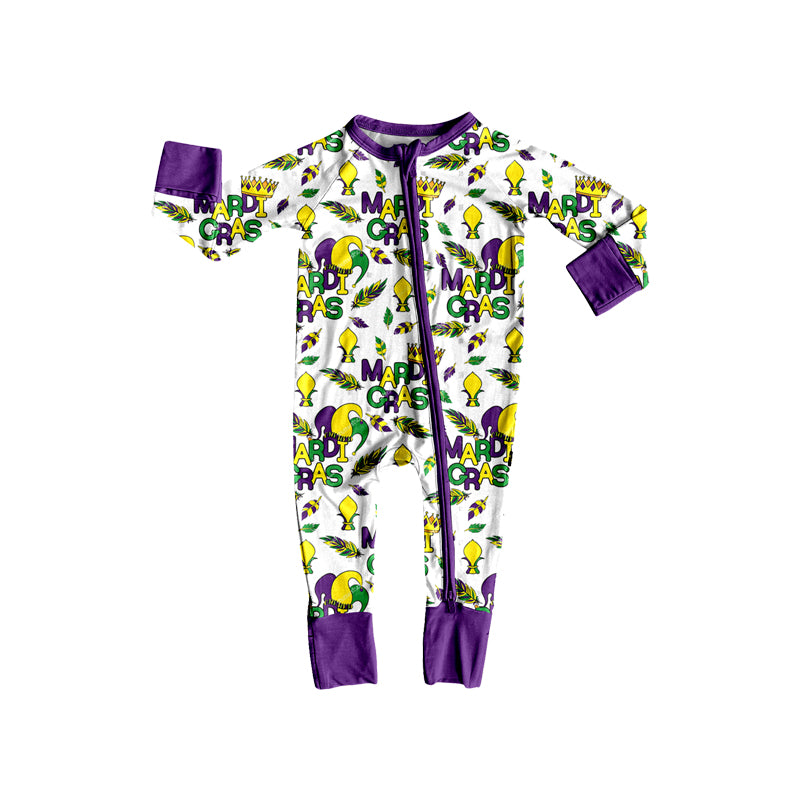 preorder LR3353 Mardi Gras Zipper Long Sleeve Boys Romper